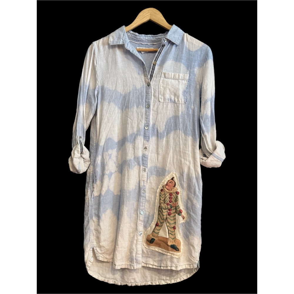 Upcycled Linen Shirt Dress Clown Patch Butterfly Back‎ Small